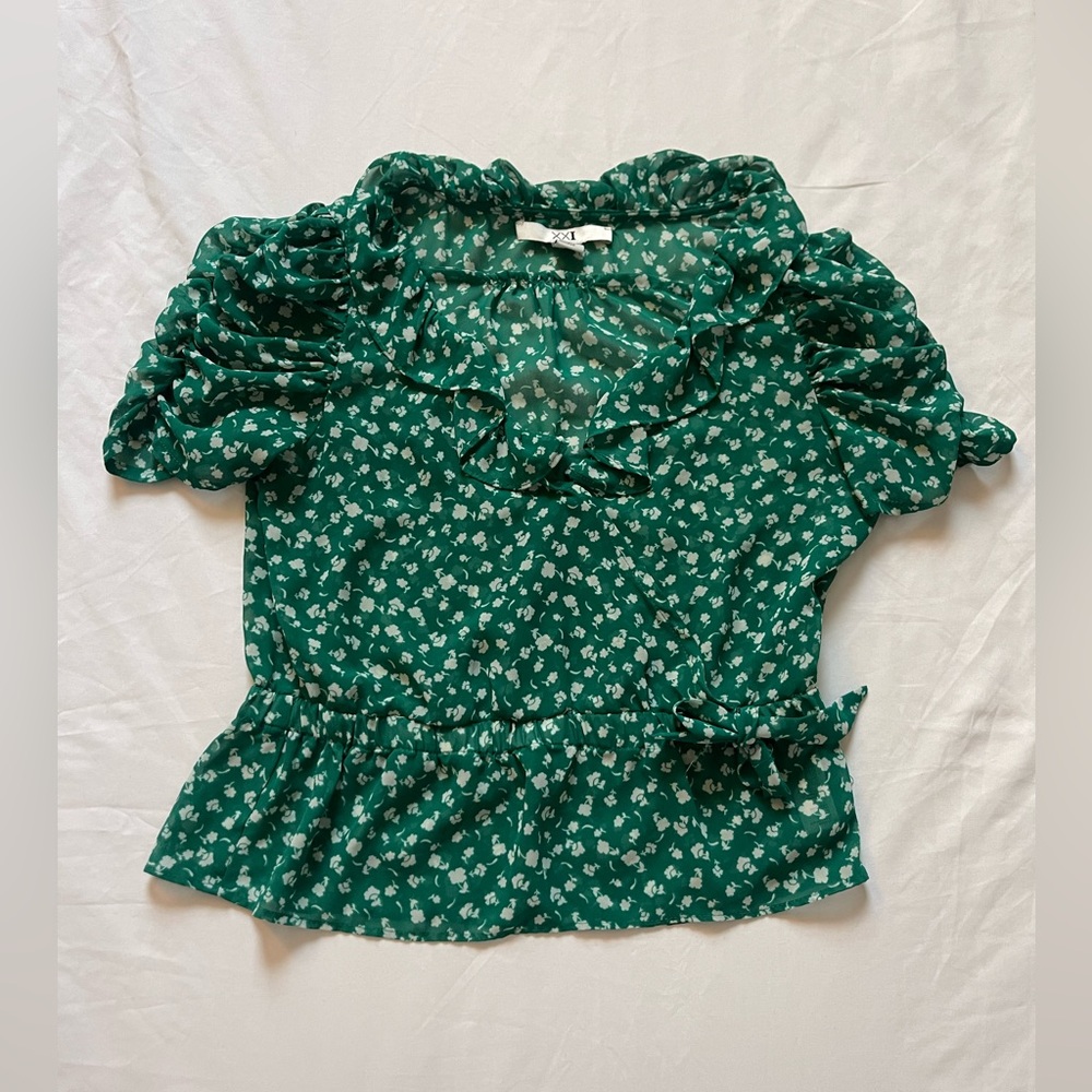 Green and White Floral Ruffle Blouse